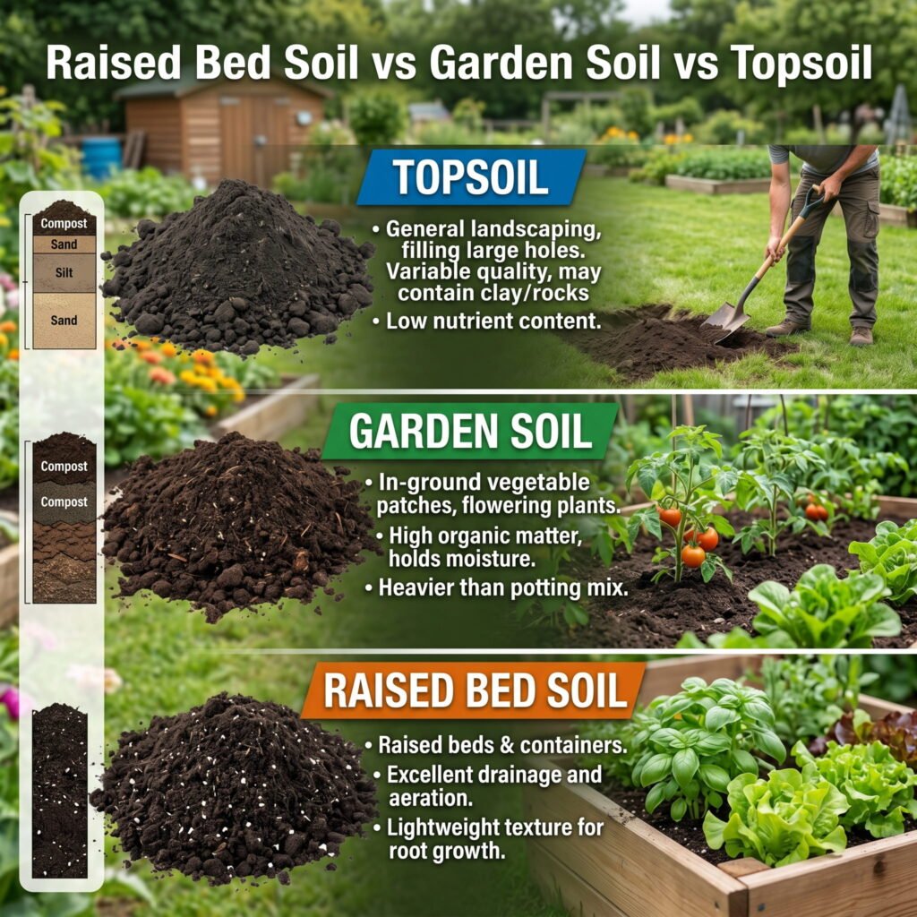 Raised bed soil vs garden soil vs topsoil