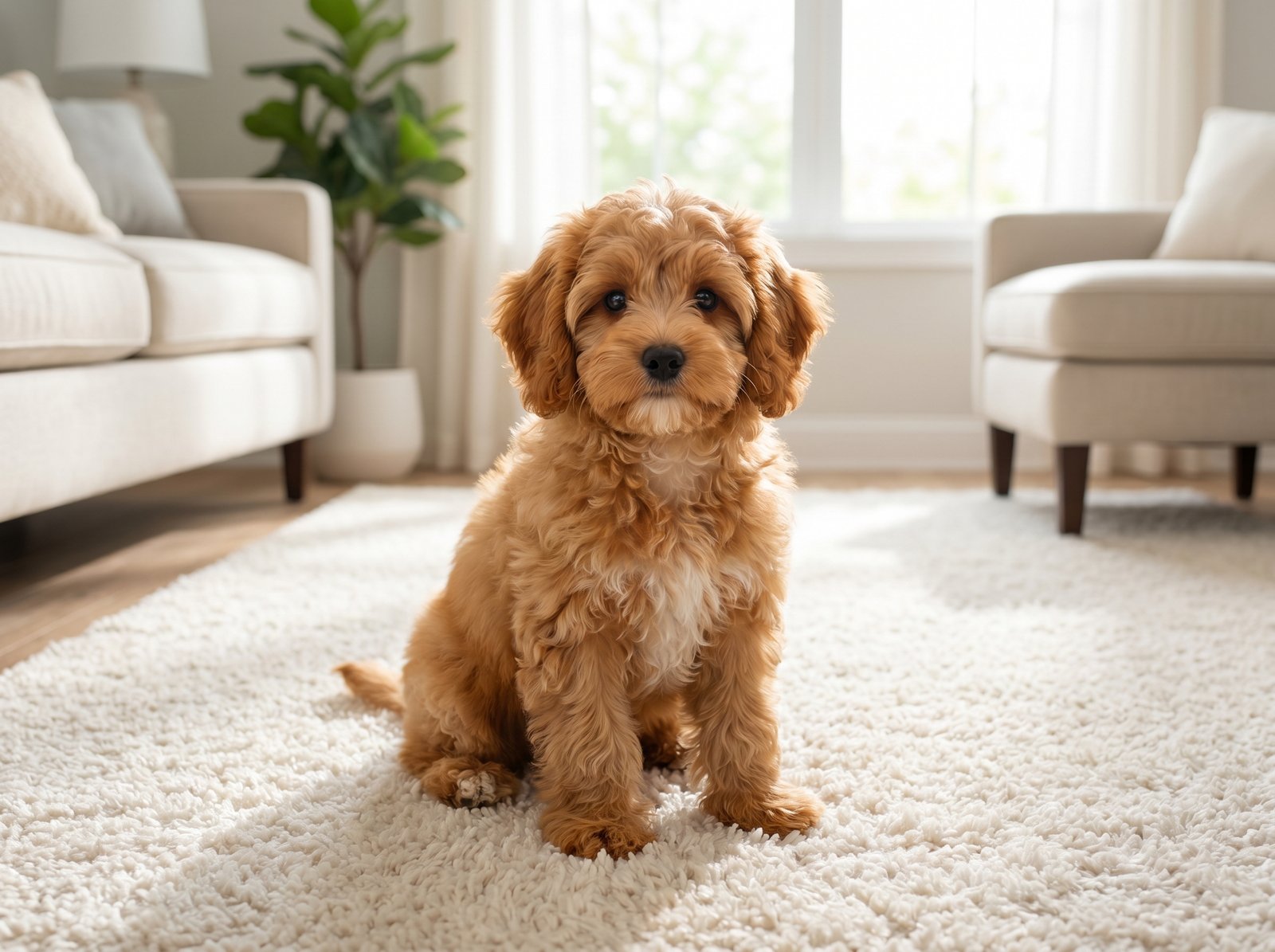 Toy cavoodle puppy sitting on a white rug in a modern living room