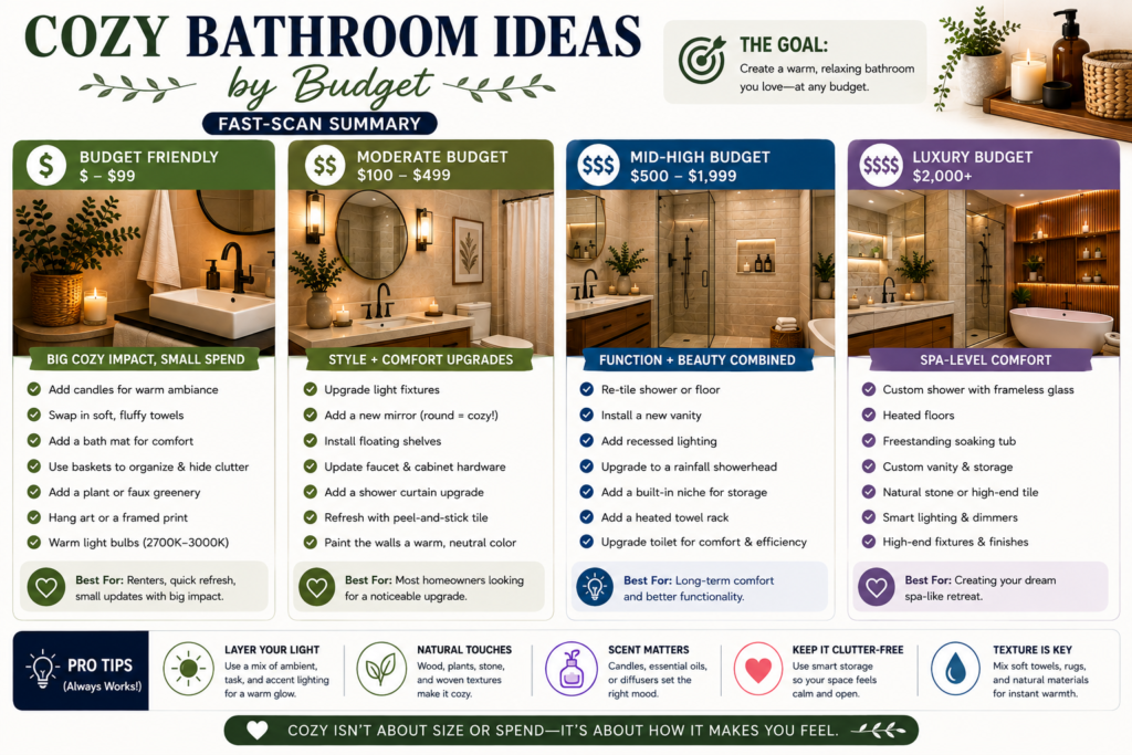 Cozy Bathroom Ideas by Budget — Fast-Scan Summary