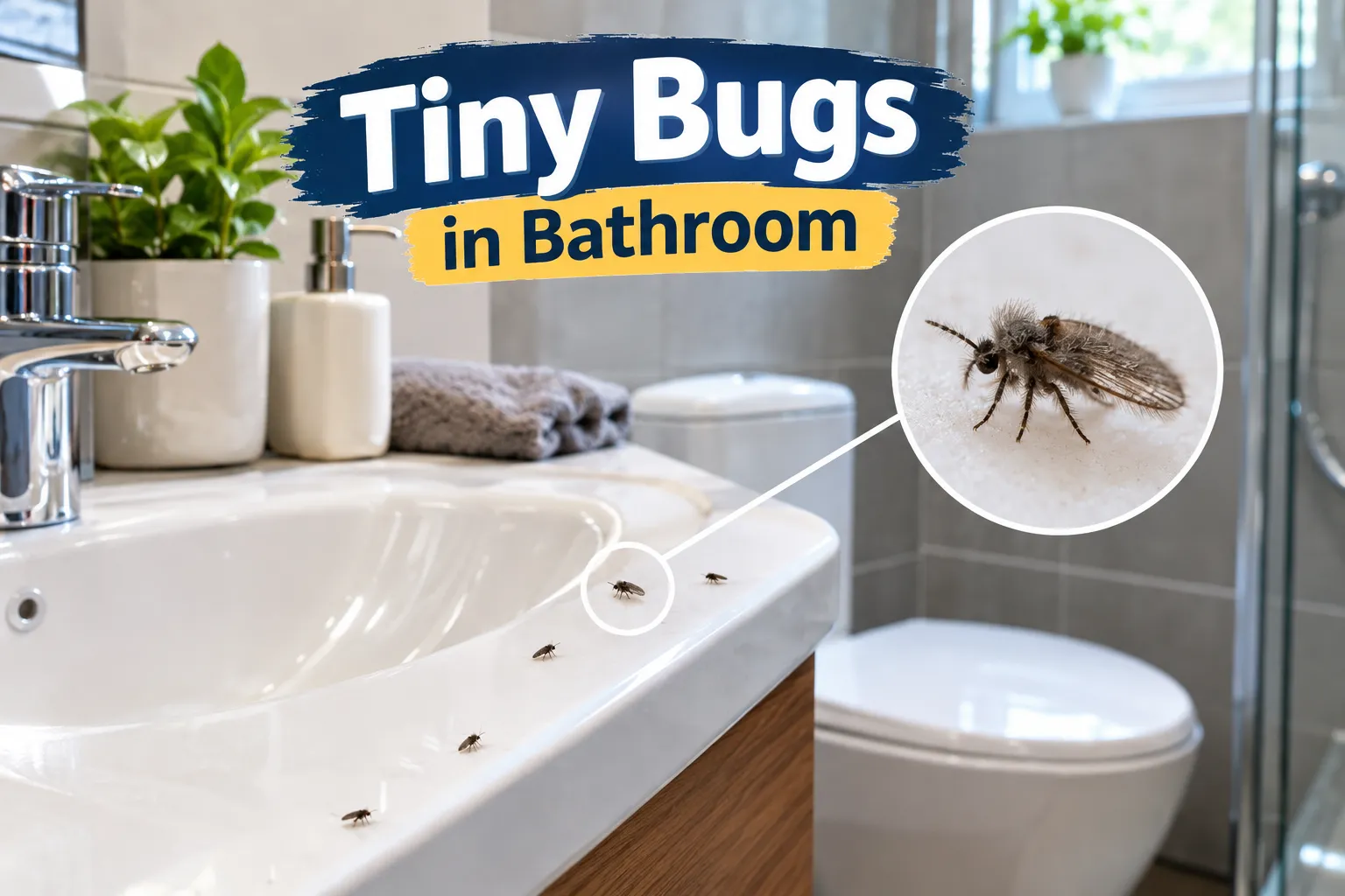 Small fuzzy drain flies on a bathroom sink edge, with a magnified close-up of one insect